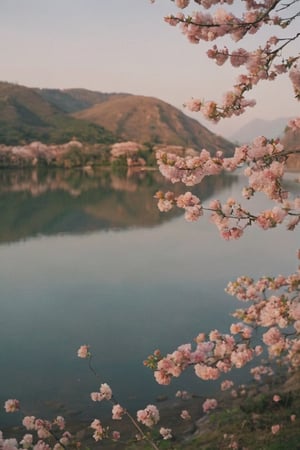 A field of blossoming cherry trees captured with a Contax T2 35mm camera. The focus is on a close-up shot of the cherry blossoms in full bloom, with a backdrop of a lakeside and distant mountains. The photograph was taken using Kodak Porta 400 film during the golden hour, under soft lighting