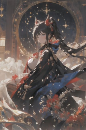 Masterpiece, best quality, ultra detailed, 1girl, black Twin ponytails (breast length) with bangs, deep blue cape with frills, European dress with red decorations, white socks,perfect,ASU1, Dreamwave,midjourney