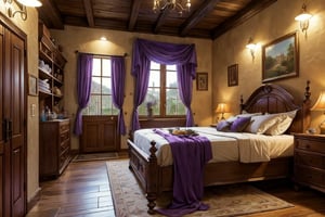 masterpiece,best quality,ultra-detailed,High detailed,A fantasy tavern,the bed is freshly made,lavender flower,tub of water,armor rack,a chest and pot under the bed,closet,windowlook over a townsquare with a fountain and cobblestones,