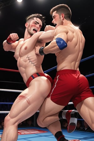2 imposing sexy and horny male fighters in the ring erotic dirty fight Age: 30 years Height: Medium Hair: black, short and slightly wavy. Green eyes. Skin: Pale, and with open bleeding scars. Build: Thin and athletic, with very marked muscles, large penis, red penis, pre-cum, large testicles, large nipples scene: hot hard fight, expression of pain and pleasure sweaty and excited men, hard anal penetration in a combat arena, bottom detailed, high resolution