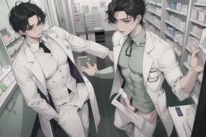 two sexy men horny doctors in the hospital 20 years old, black hair, short and slightly wavy. Green eyes. Pale Skin, Thin and athletic build, with very marked muscles, large penis, with precum and large testicles, large nipples scene: two sweaty doctors and hard and hot anal penetration in a medicine store, detailed background, high resolution