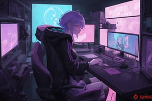 1female,2 hands, sexy eyes, short hair purple hair with white tufts, short braids, cap, large breasts:1.4, gorgeous breasts, tattoo on neck,electric pink eyes,High detailed ,game room concept,playing at computer,hacking, purple lights, light green lights, profile view,black hoodie,hood raised with hair visible,soft lights, window city lights background, night_time outside,night_sky, planets,stars, dark atmosphere, cyberpunk room, cyberpunk lights,neck tattoo,  gaming chair, gaming computer desktop
,Futuristic room, left hand on keyboard, right hand on mouse,anime,realism