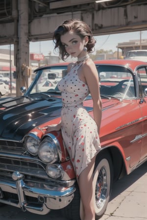  1girl, (22 yrs old), small breasts, (photorealistic:1.2) 1950s rockabilly style, (red polka dot halter dress), bandana in hair, detailed skin texture, inside a auto mechanics garage 57 Chevrolet Belair, hood up,(professional studio backgroun:1.2),(blush:1.2), (goose bumps:1.2),