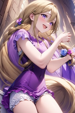 ((masterpiece)), 
((best quality)), 
((ultra detailed)), 
((very high resolution)), ((32k)), 

(bangs), ((Rapunzel in the Tower)),((Blonde)),
((very long hair)), ((long Braids)),
((Flower_Hair_Ornaments)),
(hair between eyes), (sidelocks),((beautiful detailed eyes)), (extremely detailed face),(perfect hands, perfect anatomy),((cowboy shot)),(smile),((outdoor)),((Rapunzel:1.3)),((open mouth)),
(((purple_Ruffled dress)),
((white_Drawers)),((white_bloomers)),
((Holding a bouquet)),