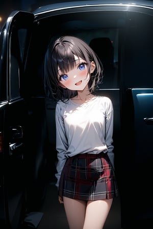 ((masterpiece)))), 
(((best quality))),
(((ultra detailed))),
((very high resolution)),
((32k)),

(((blue eyes))), (((black hair))),
((sarashina ruka)),(short hair),(bangs),

(((white_T_shirt))),(long sleeves),(black socks),(((plaid skirt))),cowboy shot,
((1girl)), solo,((smile),((open mouth)),
((Car behind)),((Stand in front of the car)),((night)),
((Face Focus)),((head tilt)),