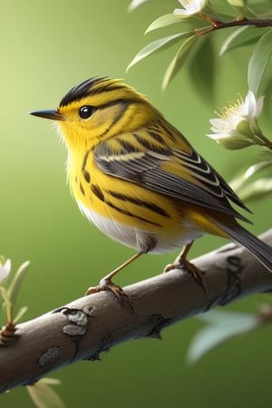 32k, 3D realistic anime art, digital painting. Thin strokes, a warbler perched on a branch, trending at an art station, sharp focus, studio photography, intricate details, very detailed,