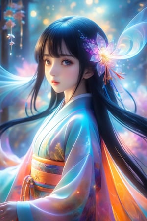  (Fractal Art: 1.3), (colorful colors),1 person, female, 18 years old, mysterious beautiful girl, black long straight hair, blunt bangs, turime, sparkling eyes, kimono made of translucent luminescent material, promenade, clear sky, movie lighting, soft focus, translucent luminous bodies, excessive overexposure, airy photo,