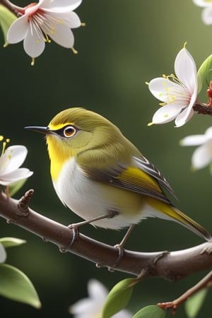 32k, 3D realistic anime art, digital painting. Thin strokes, a Japanese White-eye perched on a branch, trending at an art station, sharp focus, studio photography, intricate details, very detailed,