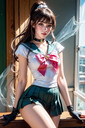 (airy photo: 1.4), (Overexposed: 1.2), Shallow Depth of Field, 1 Person, Female, 17 Years Old, Perfect Anatomy, Perfect Proportions, Perfect Face, Mysterious and Cute Beautiful Girl, Delicate Face, ((brown hair)), Long Straight Hair, (Parting, Bangs: 1.45), school uniform, sailor suit, School classroom, full body, DonMW45h3d0u7, hmjupiter, green eyes, ponytail, tiara, jewelry, sailor senshi uniform, green sailor collar, choker, elbow gloves, white gloves, pink bow, white leotard,brooch, green skirt, pleated skirt