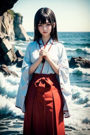 (airy photo: 1.4), (Overexposed: 1.2), Shallow Depth of Field, 1 Person, Female, 17 Years Old, Perfect Anatomy, Perfect Proportions, Perfect Face, Mysterious and Cute Beautiful Girl, Delicate Face, Brown Hair, Long Straight Hair, (Parting, Bangs: 1.45), Shrine Maiden Outfit, Red Skirt, Pray with hands together, Raging Stormy Sea, Sheer Cliff, black and white photography, miko, red hakama, very long red skirt, miko dressing, DonMW45h3d0u7