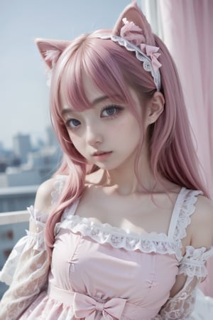 ((Masterpiece, Top Quality)), (Realistic Photo: 1.4), (Intricate Details), 1 person, female, 23 years old, mysterious beautiful girl, perfect figure, perfect proportions, perfect face, pink hair, straight long hair, (sweet Lolita: 1.3),  (light makeup: 1.0), light pink sweet Lolita costume with lace arms,  cat ears headband, pumps, upper body, Japanese Girl - SDXL, lolita_fashion,