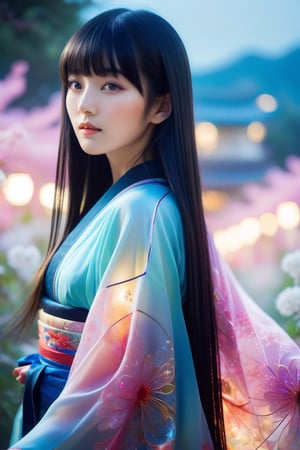  (Fractal Art: 1.3), (colorful colors),1 person, female, 18 years old, mysterious beautiful girl, black long straight hair, blunt bangs, turime, sparkling eyes, kimono made of translucent luminescent material, promenade, clear sky, movie lighting, soft focus, translucent luminous bodies, excessive overexposure, airy photo,Japanese Girl - SDXL