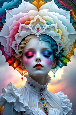 (Fractal Art: 1.3), (Colorful Colors), 
 (eroticism :1.36), White Elegance, A morbid beauty in a  Lolita costume, Eyes closed, mouth half open looking up at the rainy sky with a melancholy expression,