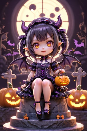 1 person, female, 18 years old, cute beautiful girl, perfect anatomy, perfect proportions, perfect face, very short, flat chest, gothic lolita costume, holding a jack-o-lantern, sitting, black horns, bat wings, black, purple and orange silhouette background, old castle, grave, bat, cinematic lighting, chibi,