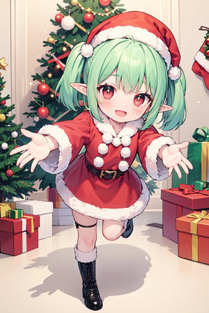 loli:1.3,slim body,(green hair:1.2), ahoge,,twintails:1.3, red eyes, elf,masterpiece, best quality, highly detailed,
 standing,standing on one foot,twisted torso,reaching towards viewer,dynamic angle,foreshortening,full body,

 short christmas dress,chrismas hat,stripe thighhigh,boots,

full blush,blush,laugh,:D,heart-shaped_pupils,

indoor,christmas,Christmas tree,gift box,