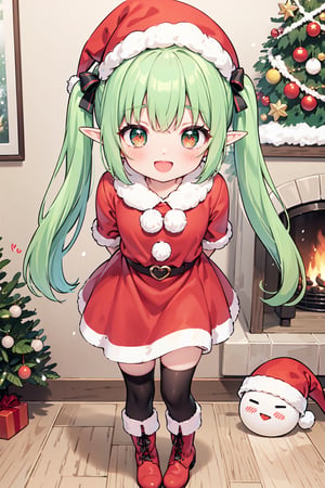 loli:1.3,slim body,(green hair:1.2), ahoge,,twintails:1.3, red eyes, elf,masterpiece, best quality, highly detailed,
 standing,standing on one foot,twisted torso,arms behind back,dynamic angle,foreshortening,full body,

 short christmas dress,chrismas hat,stripe thighhigh,boots,

full blush,blush,laugh,:D,heart-shaped_pupils,

indoor,christmas,Christmas tree,gift box,snow man,