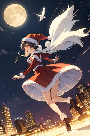 santa dress,1girl,flying in sky,dynamic angle,

,night,,moon,winter,street,