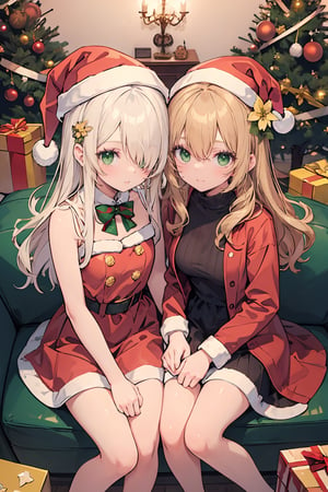 cute girl,blonde hair:1.3,long hair, wavy hair,hair over one eye:1.5 ,green eyes,masterpiece, best quality, highly detailed, hair flower,hair_over_eye ,
2girls sitting on sofa:1.3,santa hat,multiple girls：1.3,from above,close-up:1.4,face focus:1.3,yuri,grin,happy,
christmas,christmas tree,indoor,carpet,

