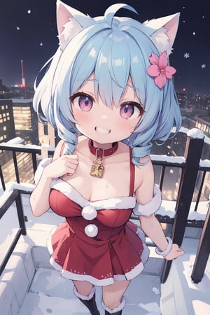 cute girl,bid breasts,sweat, blue hair:1.3,drill hair,hair bun,ahoge ,short hair,pink eyes, hair flower,cat ear,pet collar,detailed hair,detailed eyes,detailed face,Masterpiece, high quality, beautiful wallpaper, 16k, animation, illustration,

santa girl,night,winter,boots,
full blush,grin,
flying in sky,city,



