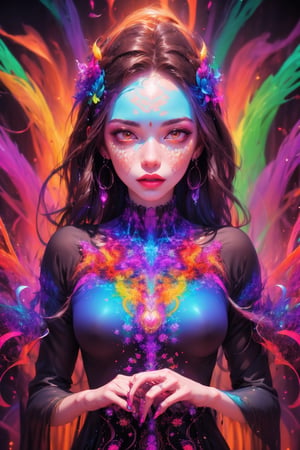 (Dripping:1.3, psychedelic, colorful, drawing of a woman with random features in cartoon style), beautiful face, detailed face, brown eyes, sexy, acid style, colorful psychedelic background, (fractal Art: 1.5), reflections, cowboy shots, hands with accurate anatomy, clean hands,