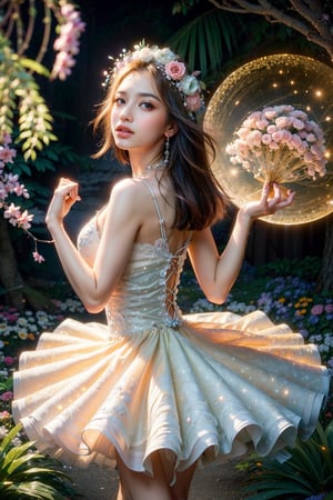 (Masterpiece, highest quality), High-resolution details, Sharp focus, (Photorealistic: 1.2), 1 Girl, Accurate anatomy, Cowboy shot, The voluptuousness of the girl and the glamor of the flowers are seamlessly combined. When the beautiful curves, cuteness, and dazzlingness of the flowers dance in a kaleidoscope, the entire flower garden sways and reacts.The shapes of the flowers and crane-like plants are reflected in a fascinating fractal design.,perfect,DonMF41ryW1ng5