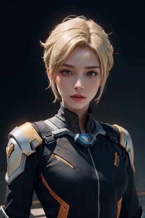 mercy from overwatch, blonde, armour suit, skin tight, (hi-top fade:1.3), dark theme, soothing tones, muted colors, high contrast, (natural skin texture, hyperrealism, soft light, sharp)