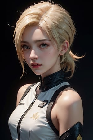 a 20 yo woman, blonde, mercy from overwatch, (hi-top fade:1.3), dark theme, soothing tones, muted colors, high contrast, (natural skin texture, hyperrealism, soft light, sharp)