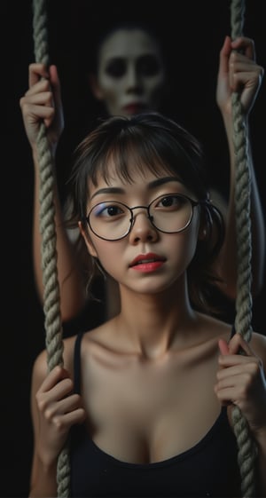 Here's the SD prompt:

slim Petite Asian female Lynn suspended by ropes, heart-shaped face framed by straight bangs, wavy hair cascading down back. Rounded glasses perched on nose, slim physique showcased in close-up (10-18mm f/4). Mouth open, eyes directed at camera, captivating gaze. Hands tied with rope, precarious yet alluring pose. Ambient lighting. Behind Lynn, a monster looms, unable to move due to restraints.