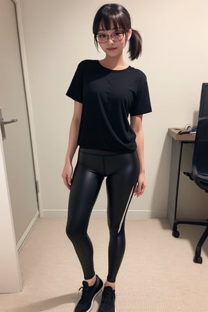 as an slim fit asian woman wearing round glasses standing sexy wearing tight leggins she have straight bangs and a side ponytail,  1girl,  solo,  glasses,  black hair,  looking at viewer,  realistic,  black-framed eyewear,  side-ponytail hair,  full body picture, medium length hair, underwear
