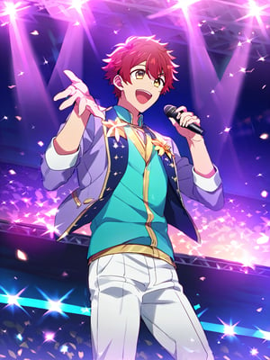 Masterpiece, best quality, amazing quality, best aesthetic, amazing quality, male focus, oshi_no_ko_style, concert, idol, purple theme, on the stage, red hair, short hair, brown eyes, singing, holding mic, open mouth, happy, purple jacket, cyan shirt, white jeans, idol costume, from below,  