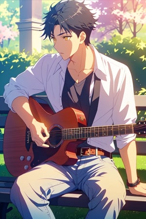 masterpiece,best quality,highly detailed character,1boy,solo,masato_sanada,black hair, yellow eyes, white oversize t-shirt, black short jeans, belt, playing guitar, sitting on bench, public location, park, many people in the background,looking to the side, aesthetic