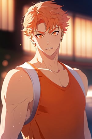 masterpiece,best quality,highly detailed character,1boy,solo,male focus,satsuki_itou,orange hair,orange eyes,underarm t-shirt,looking to the side,looking at viewer,upper body only