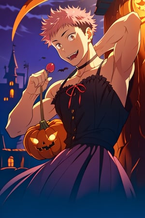 masterpiece,best quality,highly detailed character,1boy,solo,male focus,itadori_yuuji, pink hair, undercut,brown eyes,looking at viewer,smile, halloween theme,night,arms, holding candy bag shaped pumpkin,vampire dress,fangs,dead white skin,cute,shota