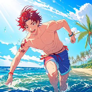 masterpiece,best quality,highly detailed character,1boy,solo,male focus,allen_sugasano,red hair, red eyes, tattoo, summer theme,beach,blue shorts,topless male,abs,smile,happy,open mouth,running in the side of beach,splashing water,looking to the side,depth of field,pov,from below,aesthetic,wet
