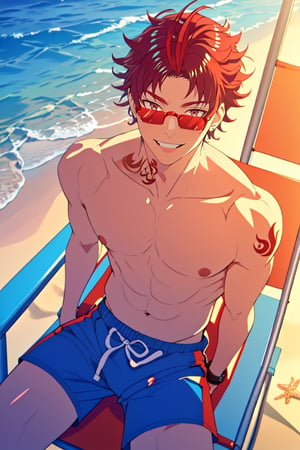 masterpiece,best quality,highly detailed character,1boy,solo,male focus,allen_sugasano,red hair, red eyes,sun glasses, tattoo in neck, summer theme,beach,blue shorts,topless male,smile,happy,sun bathing on the beach chair,shiny body,depth of field,pov,from above,aesthetic