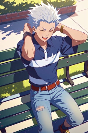 masterpiece,best quality,highly detailed character,1boy,solo,wolf_blood_lad, white hair, yellow eyes, spiked hair, striped t-shirt, black short jeans, belt, sitting on bench, random pose, one eye closed, hands behind head, open mouth, smile, public location, park, pov, from above, aesthetic