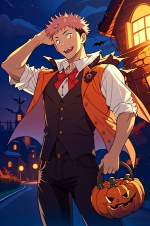 masterpiece,best quality,highly detailed character,1boy,solo,male focus,itadori_yuuji, pink hair, undercut,brown eyes,looking at viewer,smile, halloween theme,night,arms, holding candy bag shaped pumpkin,vampire vest,black jeans,vampire fangs,dead skin color,cute,shota