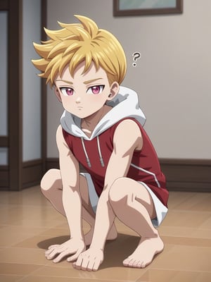 masterpiece, best quality, amazing quality, best aesthetic, absurdres, 1boy, solo, male focus, lancelot_nnt_mny, blonde hair, pink eyes, short hair, little boy, cute, shota, full body, looking at viewer, red sleeveless hoodie, white hood, indoors, confused