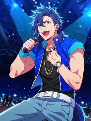 Masterpiece, best quality, amazing quality, best aesthetic, amazing quality, male focus, oshi_no_ko_style, concert, idol, blue theme, on the stage, bara, blue hair, long hair, pony tail, blue eyes, singing, holding mic, cool grin, looking at viewer, blue punk jacket, necklace, wristband, blue punk jeans, idol punk costume, from below