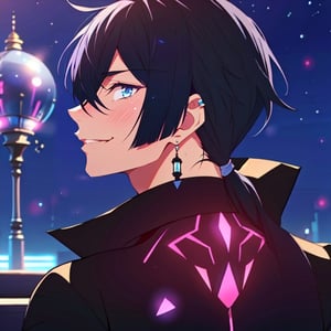 masterpiece, best quality, highly detailed character, 1boy, solo, male focus,looking to the back, vanitas_no_karte, black hair, blue eyes, ponytail,smile,eyes slightly close,head only,purple lights