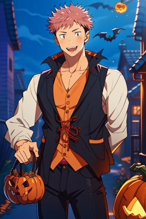 masterpiece,best quality,highly detailed character,1boy,solo,male focus,itadori_yuuji, pink hair, undercut,brown eyes,looking at viewer,smile, halloween theme,night,arms, holding candy bag shaped pumpkin,vampire vest,black jeans,vampire fangs,dead white skin,cute,shota