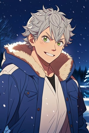 masterpiece,best quality,highly detailed character,1boy,solo,male focus,asta, grey hair, green eyes,looking at viewer,smile,happy,shota,winter theme,nights,winter jacket,wearing fur hood,hands,random hand pose