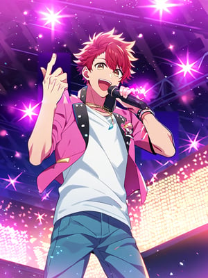 Masterpiece, best quality, amazing quality, best aesthetic, amazing quality, male focus, oshi_no_ko_style, concert, idol, pink theme, on the stage, red hair, short hair, brown eyes, singing, holding mic, open mouth, happy, pink punk jacket, white shirt, necklace, pink punk jeans, idol punk costume, from below