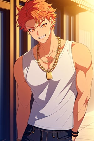 masterpiece,best quality,highly detailed character,1boy,solo,male focus,satsuki_itou,red hair,orange eyes,underarm t-shirt,golden chain necklace,ripped black jeans,smile,happy,random hand pose,looking at viewer,arms,cute,shota,aesthetic