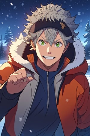masterpiece,best quality,highly detailed character,1boy,solo,male focus,asta, grey hair, green eyes,looking at viewer,smile,happy,shota,winter theme,nights,winter jacket,fur hood,hands gesture v
