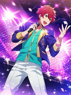 Masterpiece, best quality, amazing quality, best aesthetic, amazing quality, male focus, oshi_no_ko_style, concert, idol, purple theme, on the stage, red hair, short hair, brown eyes, singing, holding mic, open mouth, happy, purple jacket, cyan shirt, white jeans, idol costume, from below,  
