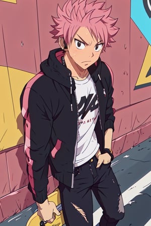 masterpiece,best quality,highly detailed character,1boy,solo,male focus,natsu_dragneel,pink hair,black eyes,street punk,holding a skateboard ,headphones,punk jacket,black jeans,looking at viewer,arms,cute,shota,aesthetic