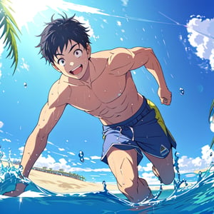 masterpiece,best quality,highly detailed character,1boy,solo,male focus,akira_tendou,black hair, black eyes, summer theme,beach,blue shorts,topless male,abs,smile,happy,open mouth,running in the side of beach,splashing water,looking to the side,depth of field,pov,from below,aesthetic,wet