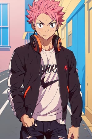 masterpiece,best quality,highly detailed character,1boy,solo,male focus,natsu_dragneel,pink hair,black eyes,street punk,carrying a skateboard ,headphones,punk jacket,black jeans,looking at viewer,arms,cute,shota,aesthetic