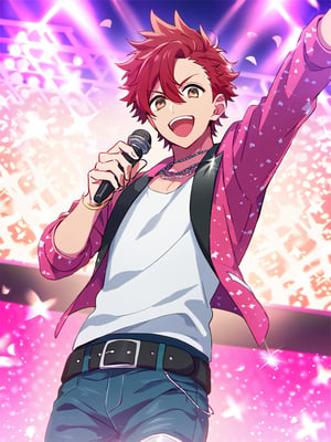 Masterpiece, best quality, amazing quality, best aesthetic, amazing quality, male focus, oshi_no_ko_style, concert, idol, pink theme, on the stage, red hair, short hair, brown eyes, singing, holding mic, open mouth, happy, pink punk jacket, white shirt, necklace, pink punk jeans, idol punk costume, from below, looking at viewer